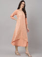Janasya Women's Peach Crepe Foil Printed Casual Frontslit Kurta