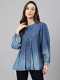 Janasya Women's Blue Denim Faded Flared Top