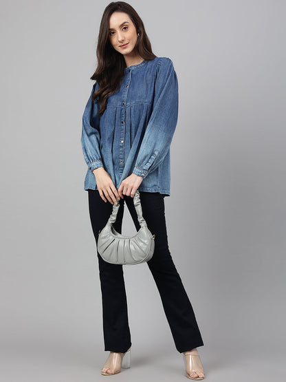 Janasya Women's Blue Denim Faded Flared Top