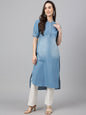 Janasya Women's Light Blue Denim Solid Casual High Low Kurta