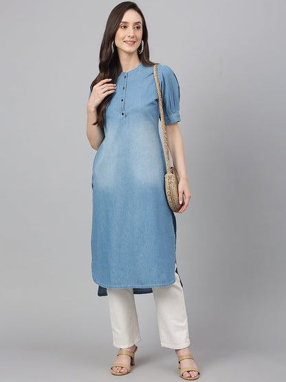 Janasya Women's Light Blue Denim Solid Casual High Low Kurta
