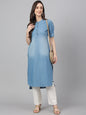 Janasya Women's Light Blue Denim Solid Casual High Low Kurta