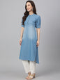 Janasya Women's Light Blue Denim Solid Casual High Low Kurta