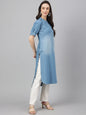 Janasya Women's Light Blue Denim Solid Casual High Low Kurta