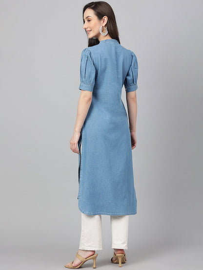 Janasya Women's Light Blue Denim Solid Casual High Low Kurta