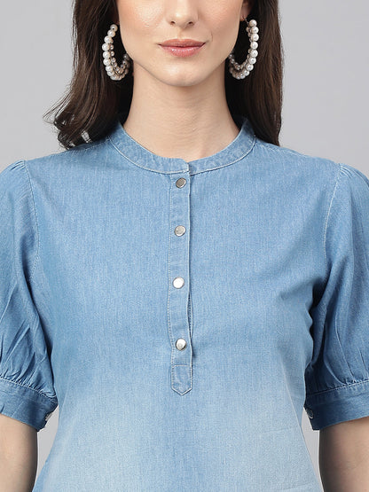 Janasya Women's Light Blue Denim Solid Casual High Low Kurta