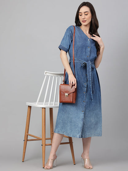 Janasya Women's Blue Denim Solid Straight Western Dress