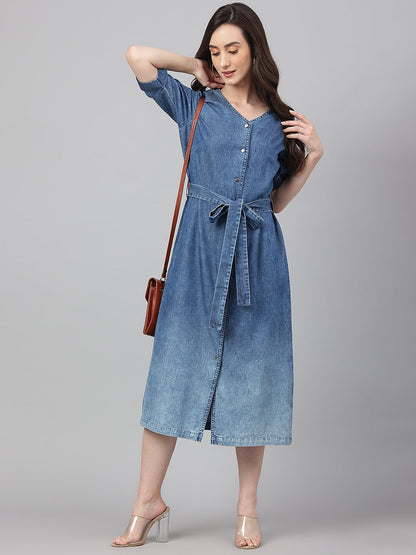 Janasya Women's Blue Denim Solid Straight Western Dress