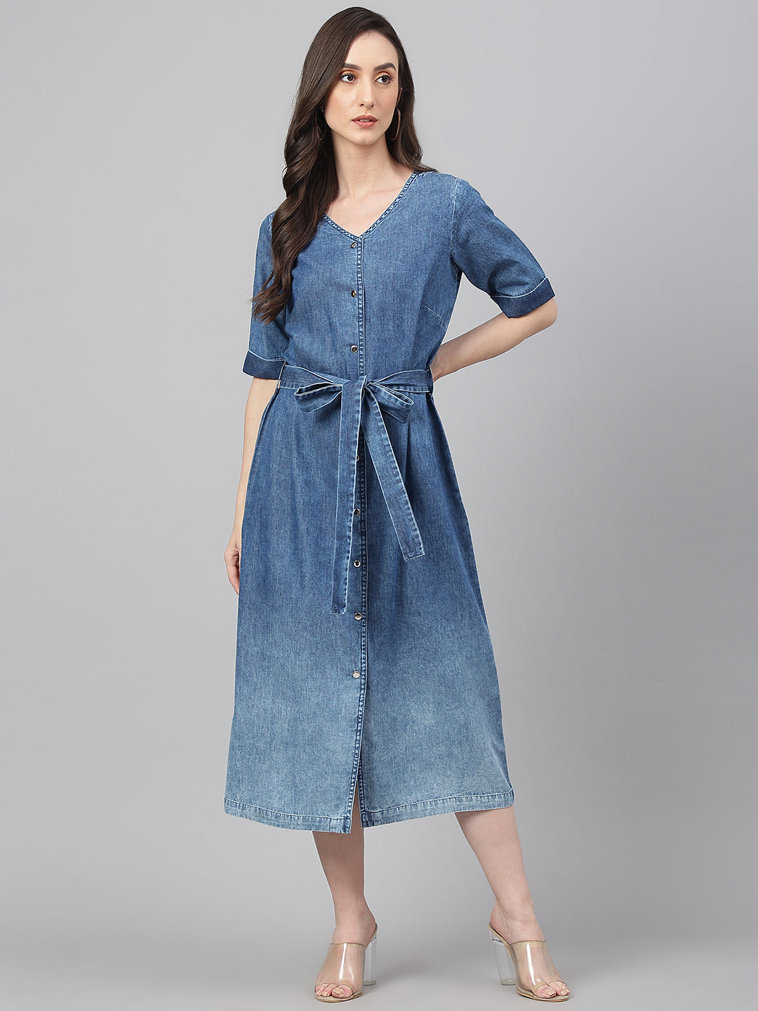 Janasya Women's Blue Denim Solid Straight Western Dress