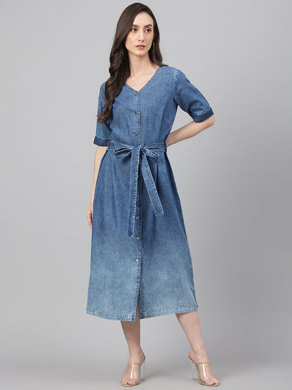 Janasya Women's Blue Denim Solid Straight Western Dress