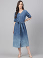 Janasya Women's Blue Denim Solid Straight Western Dress