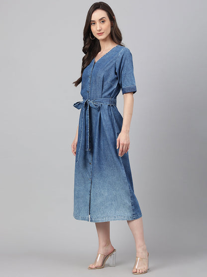 Janasya Women's Blue Denim Solid Straight Western Dress