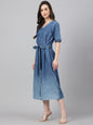 Janasya Women's Blue Denim Solid Straight Western Dress