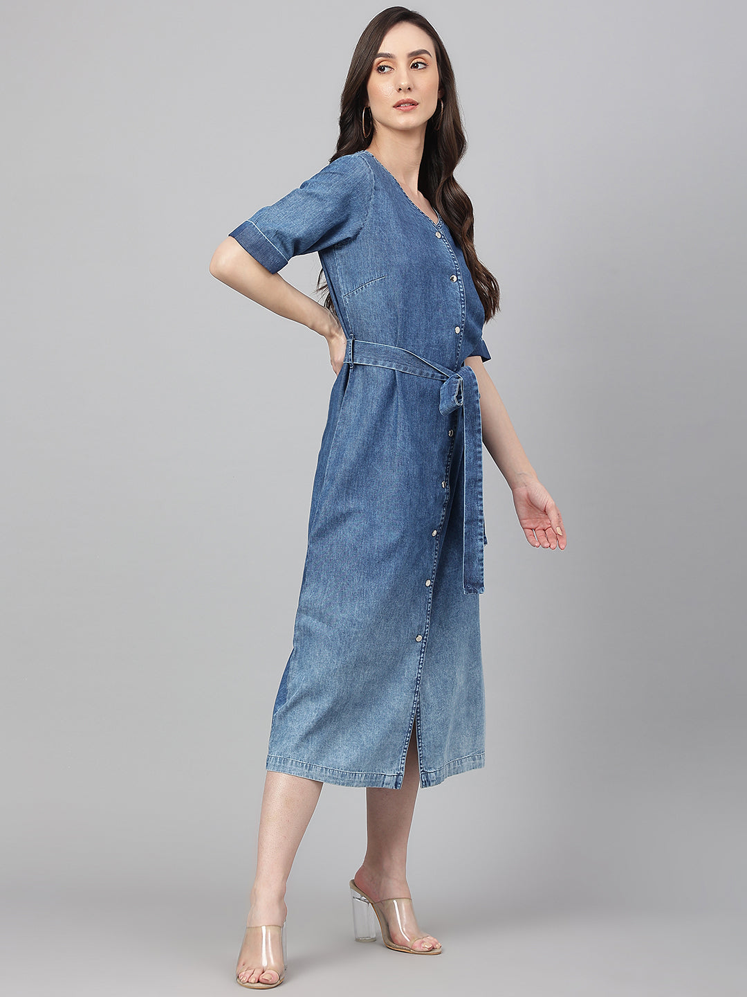 Janasya Women's Blue Denim Solid Straight Western Dress