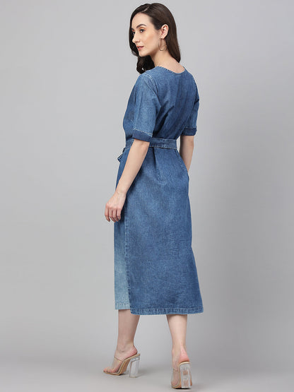 Janasya Women's Blue Denim Solid Straight Western Dress