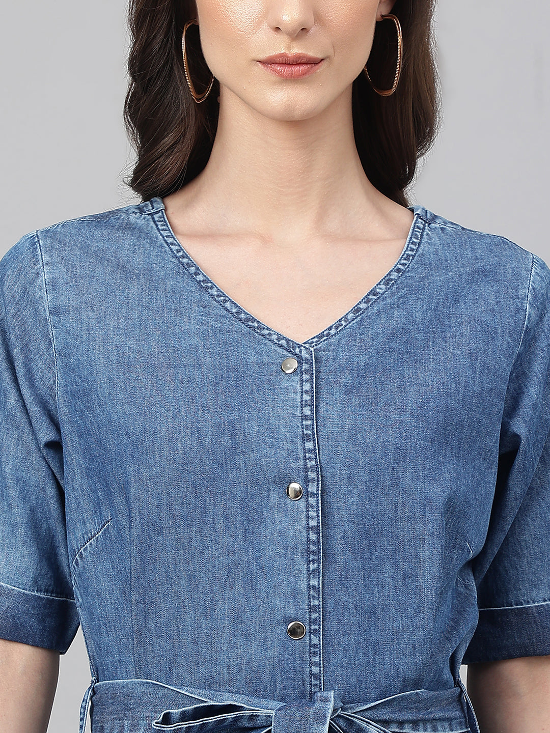 Janasya Women's Blue Denim Solid Straight Western Dress