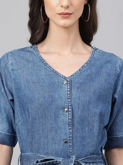 Janasya Women's Blue Denim Solid Straight Western Dress