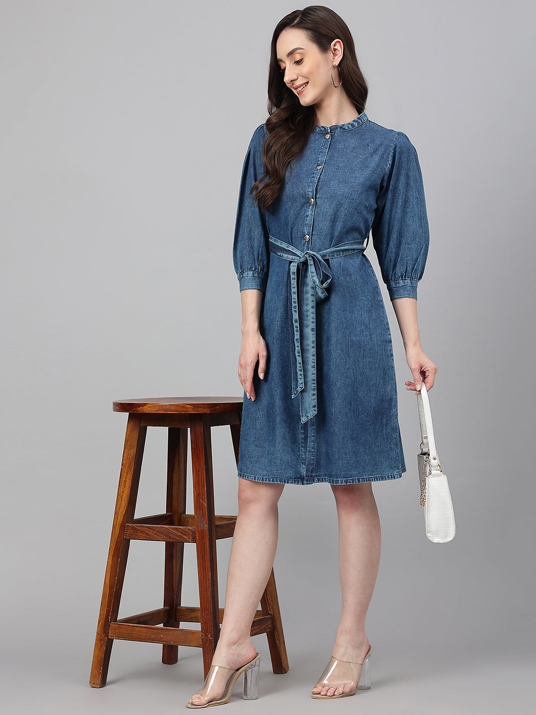 Janasya Women's Blue Denim Solid Straight Western Dress