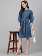 Janasya Women's Blue Denim Solid Straight Western Dress