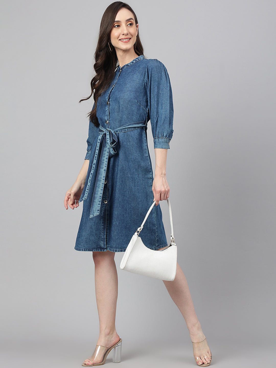 Janasya Women's Blue Denim Solid Straight Western Dress