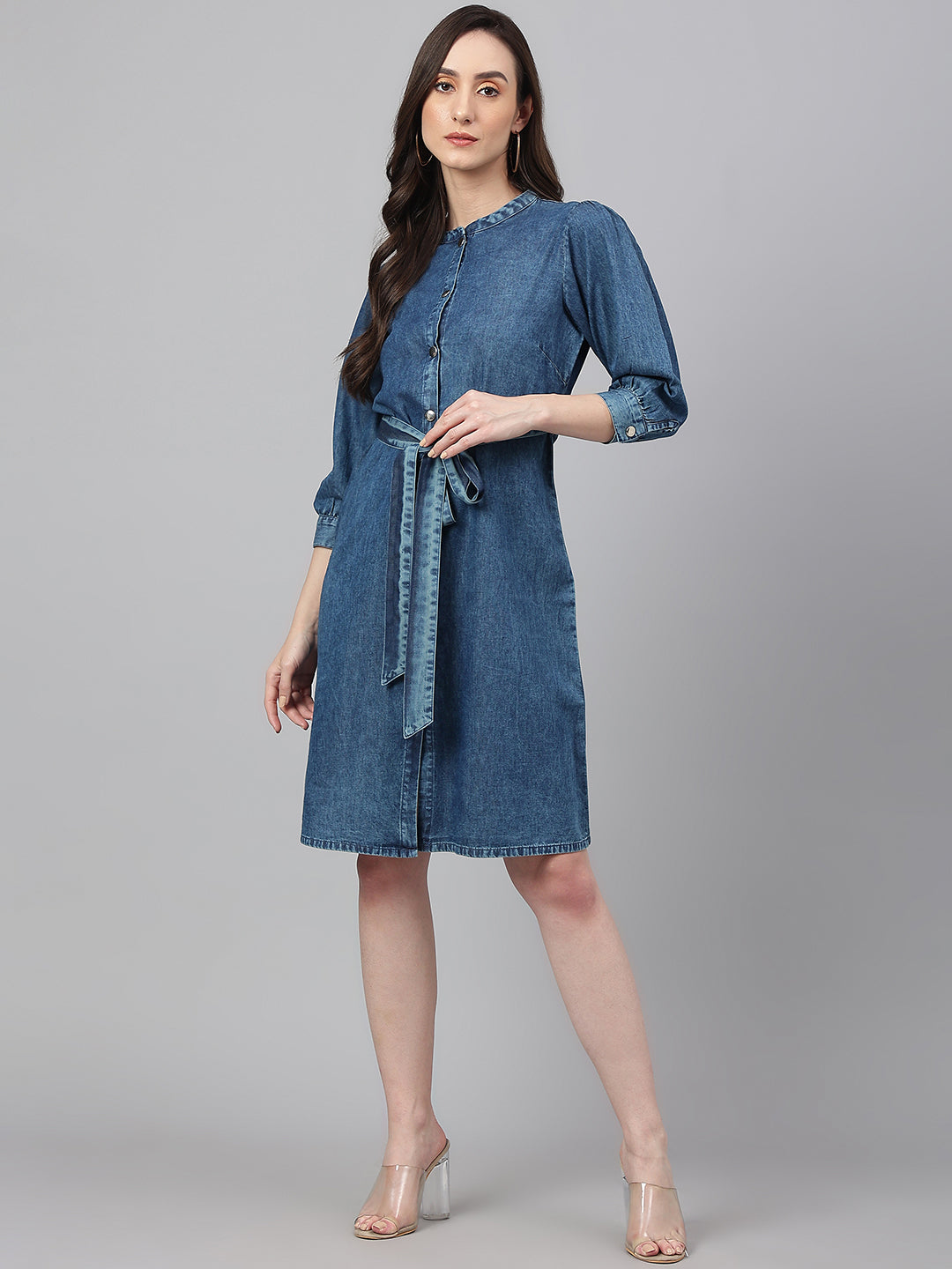 Janasya Women's Blue Denim Solid Straight Western Dress