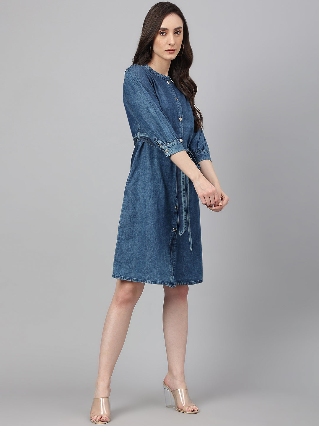 Janasya Women's Blue Denim Solid Straight Western Dress