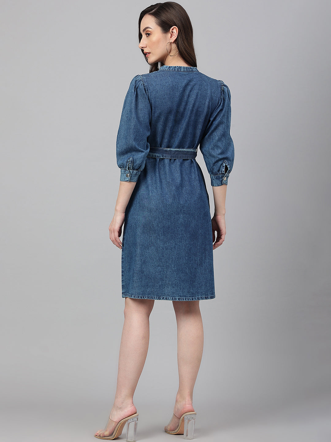 Janasya Women's Blue Denim Solid Straight Western Dress