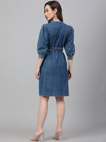 Janasya Women's Blue Denim Solid Straight Western Dress