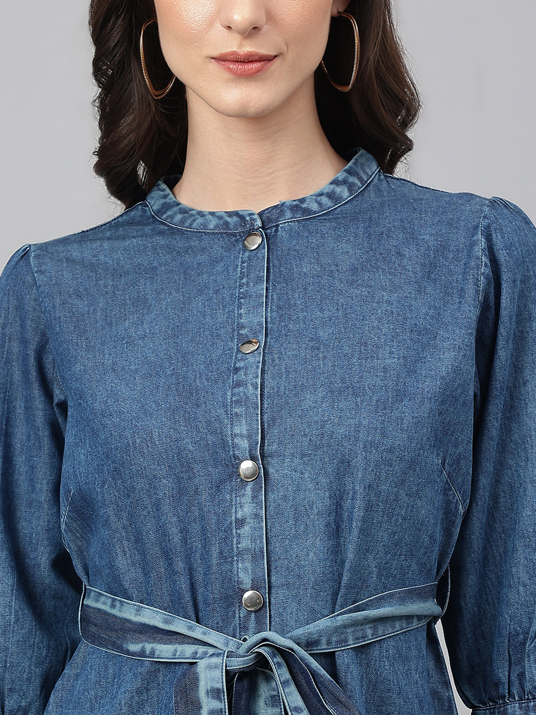 Janasya Women's Blue Denim Solid Straight Western Dress