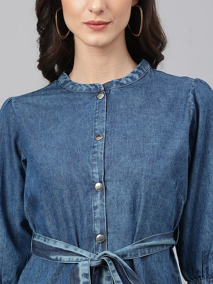 Janasya Women's Blue Denim Solid Straight Western Dress