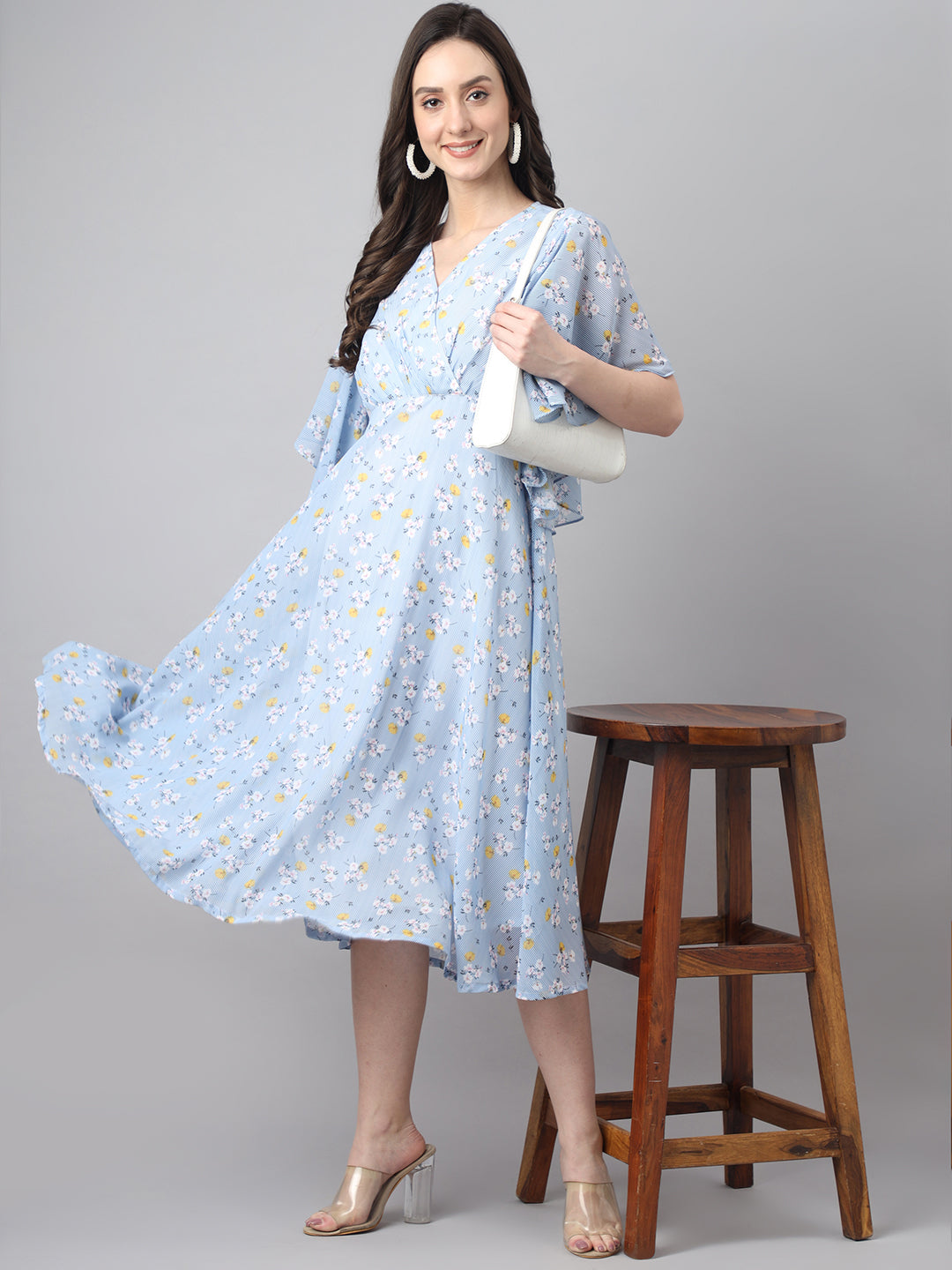 Janasya Women's Blue Georgette Floral Printed Flared Western Dress