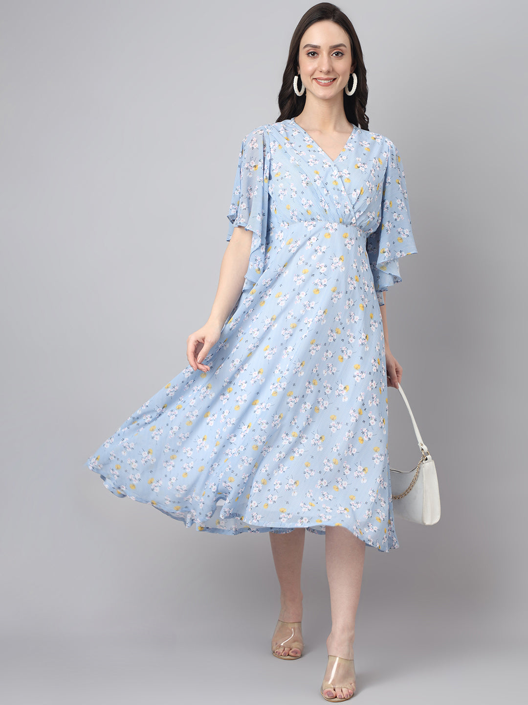 Janasya Women's Blue Georgette Floral Printed Flared Western Dress