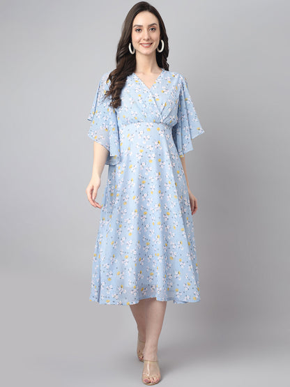 Janasya Women's Blue Georgette Floral Printed Flared Western Dress