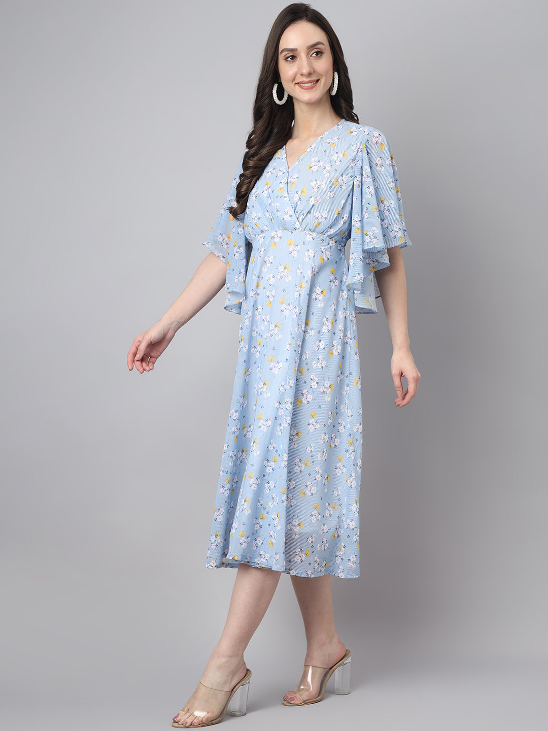 Janasya Women's Blue Georgette Floral Printed Flared Western Dress