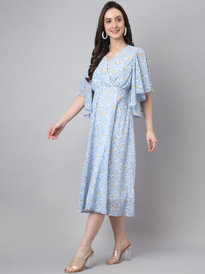 Janasya Women's Blue Georgette Floral Printed Flared Western Dress