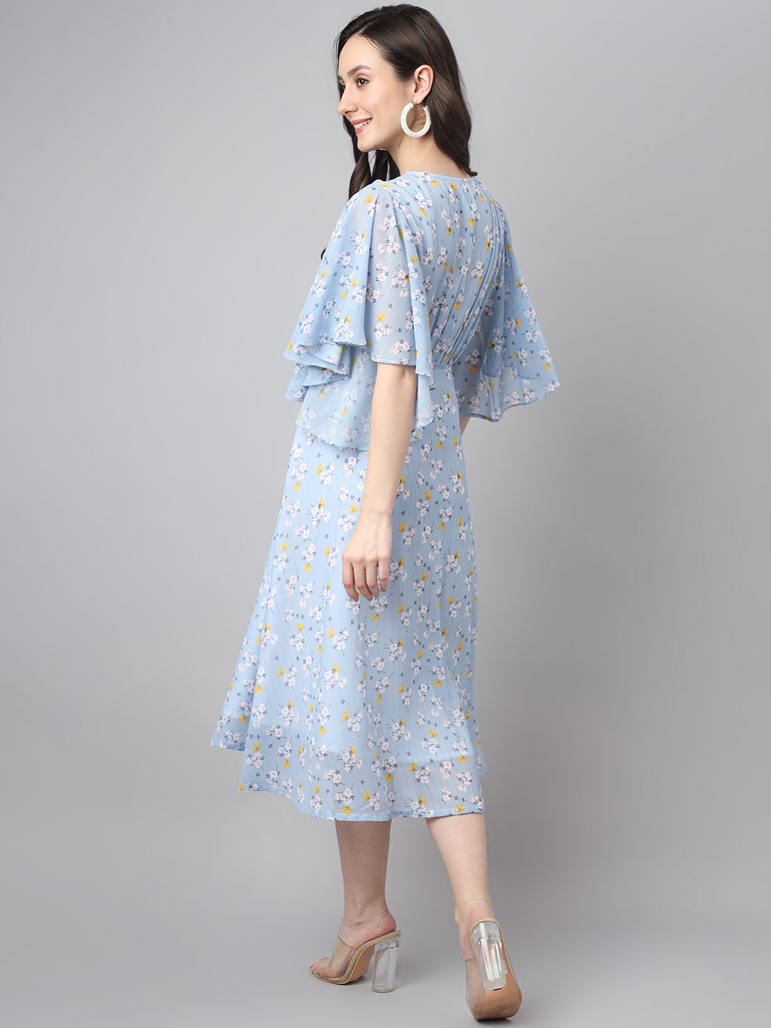 Janasya Women's Blue Georgette Floral Printed Flared Western Dress