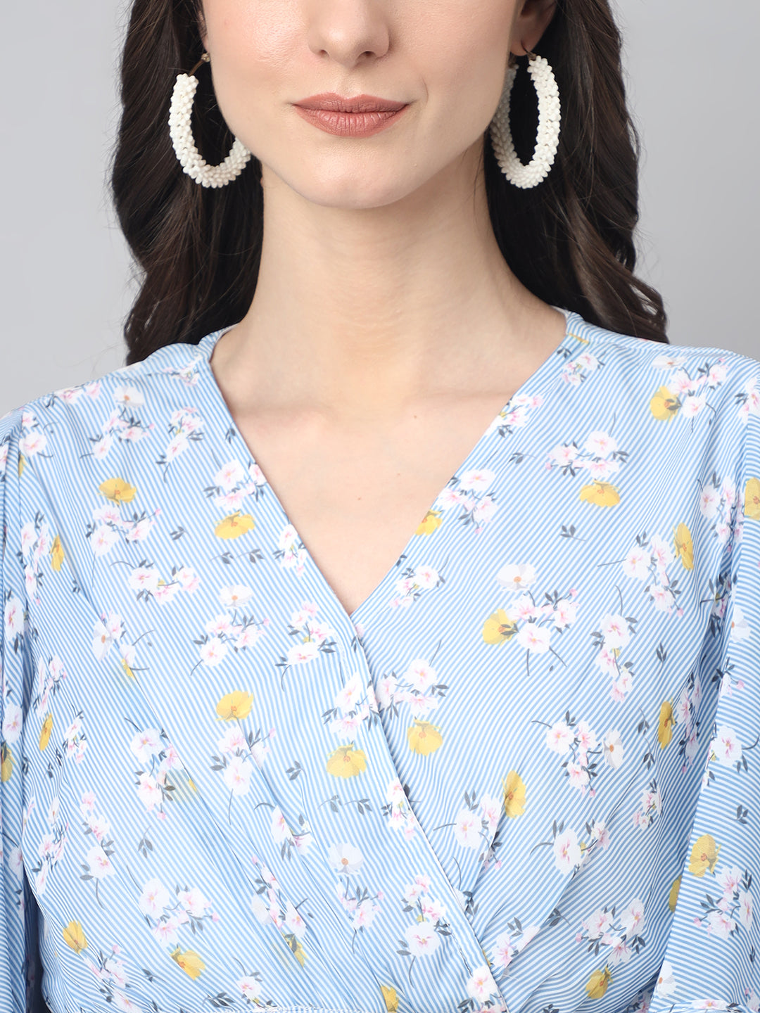 Janasya Women's Blue Georgette Floral Printed Flared Western Dress