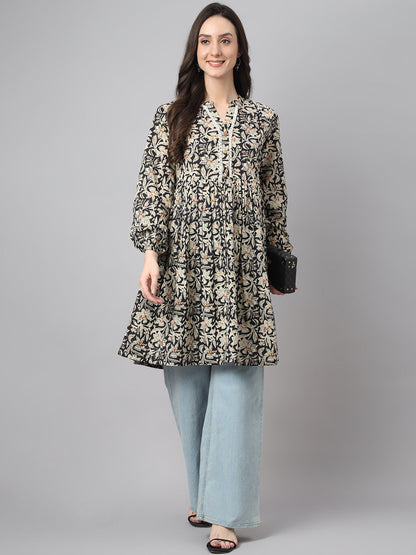 Janasya Women's Black Cotton Floral Print Casual Flared Tunic