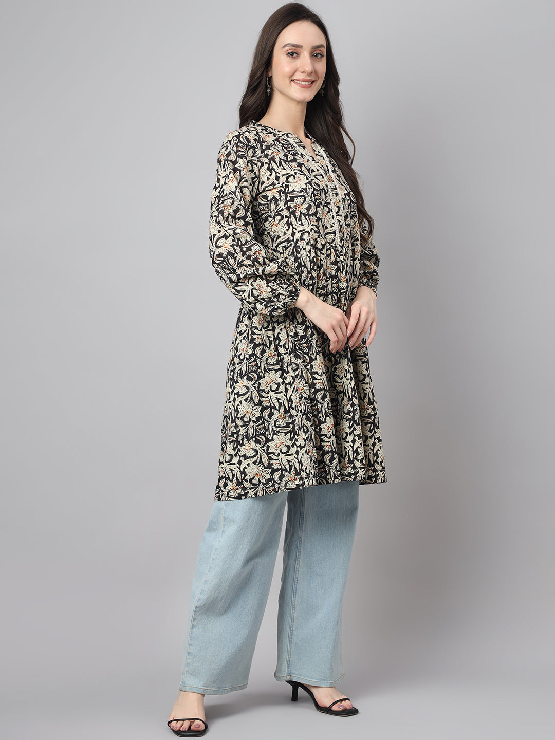 Janasya Women's Black Cotton Floral Print Casual Flared Tunic