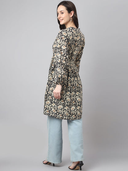 Janasya Women's Black Cotton Floral Print Casual Flared Tunic