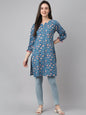 Janasya Women's Blue Cotton Floral Print Casual Regular Tunic
