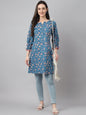 Janasya Women's Blue Cotton Floral Print Casual Regular Tunic