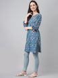 Janasya Women's Blue Cotton Floral Print Casual Regular Tunic