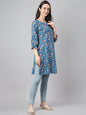 Janasya Women's Blue Cotton Floral Print Casual Regular Tunic