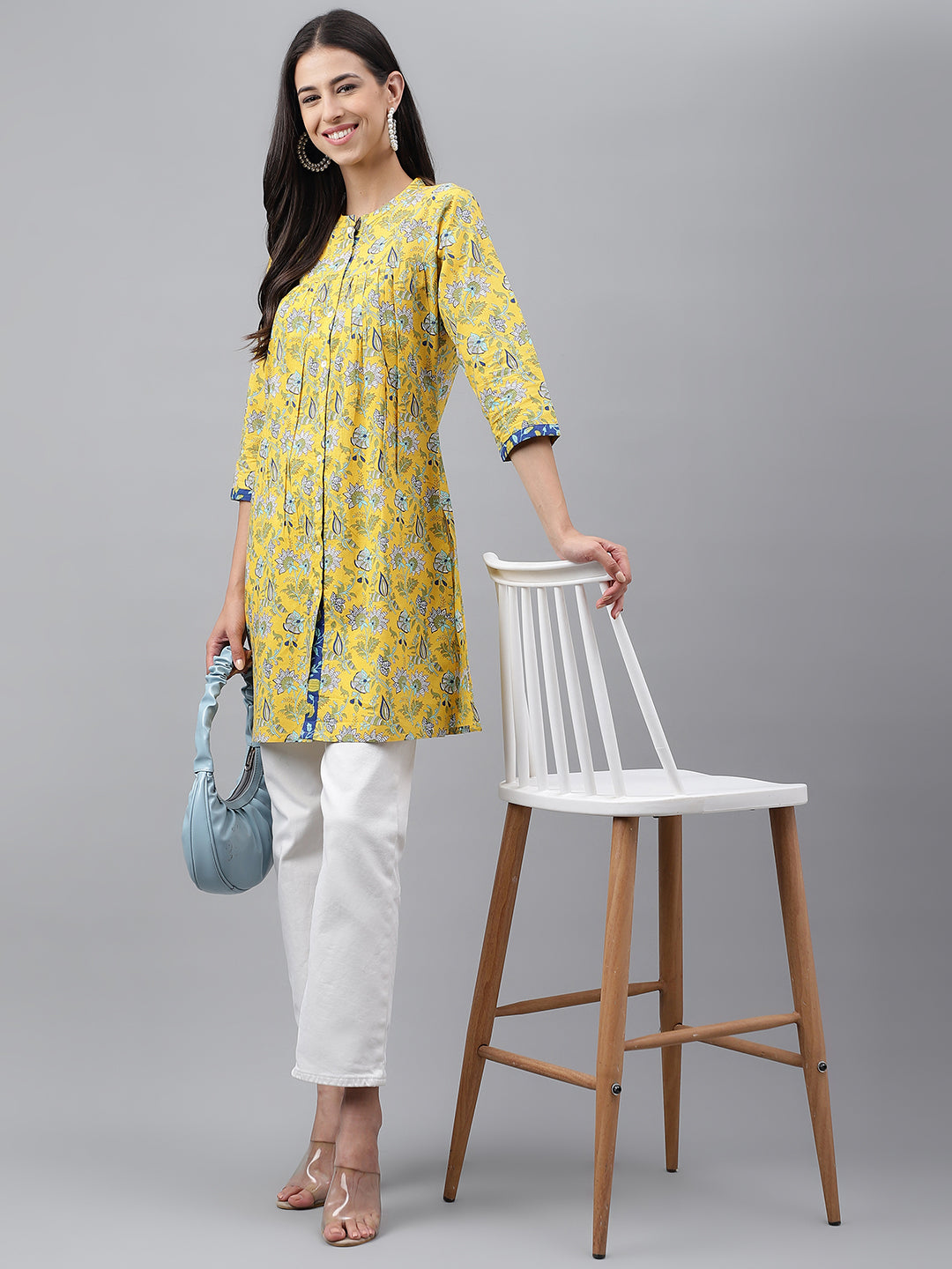 Janasya Women's Yellow Cotton Floral Print Casual Empire Tunic