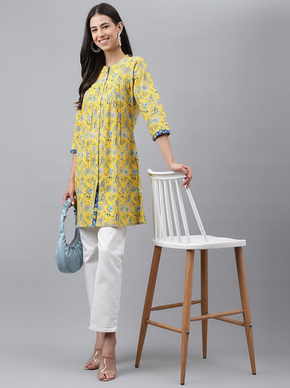 Janasya Women's Yellow Cotton Floral Print Casual Empire Tunic