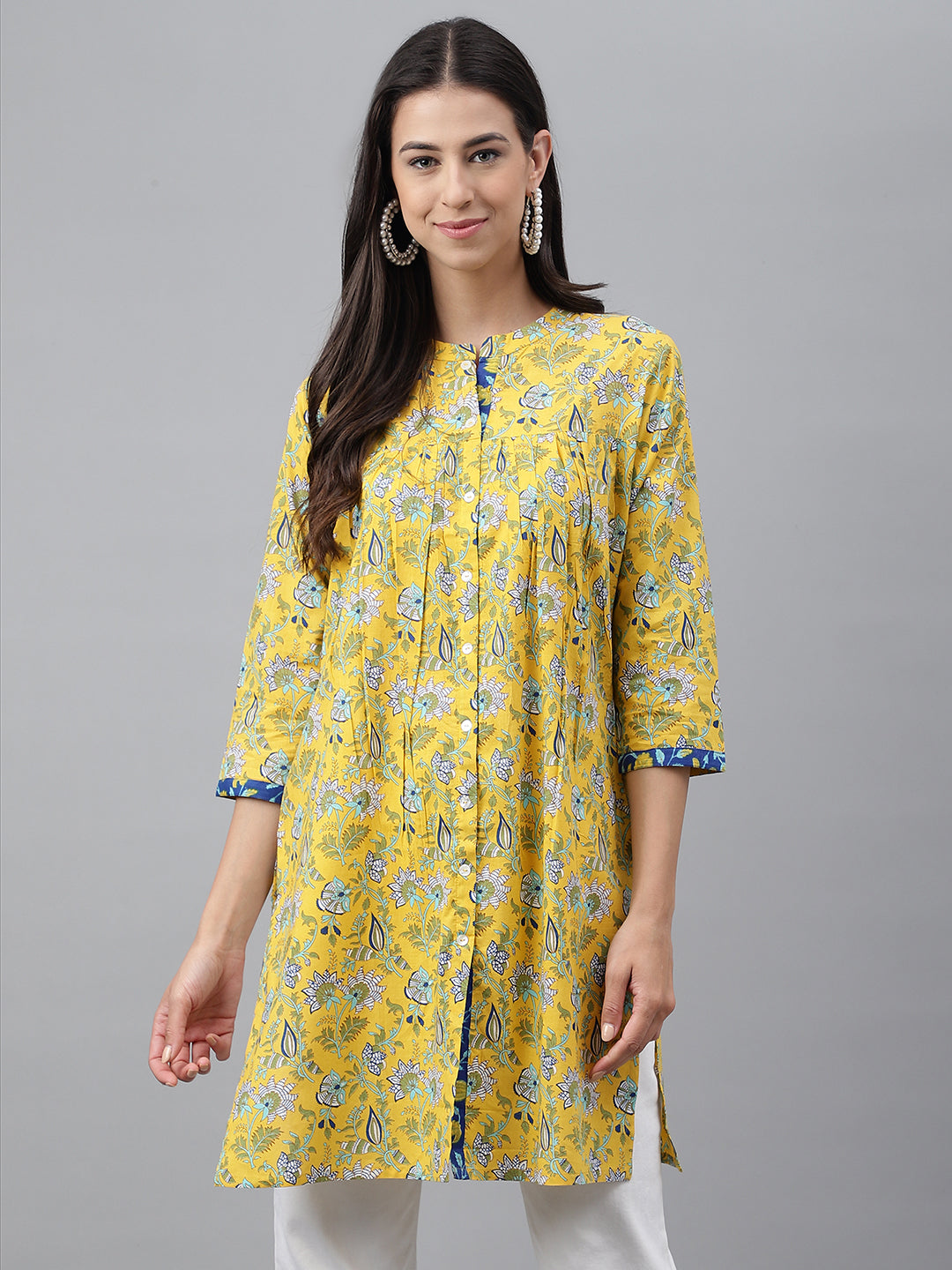 Janasya Women's Yellow Cotton Floral Print Casual Empire Tunic