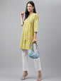 Janasya Women's Yellow Cotton Floral Print Casual Empire Tunic