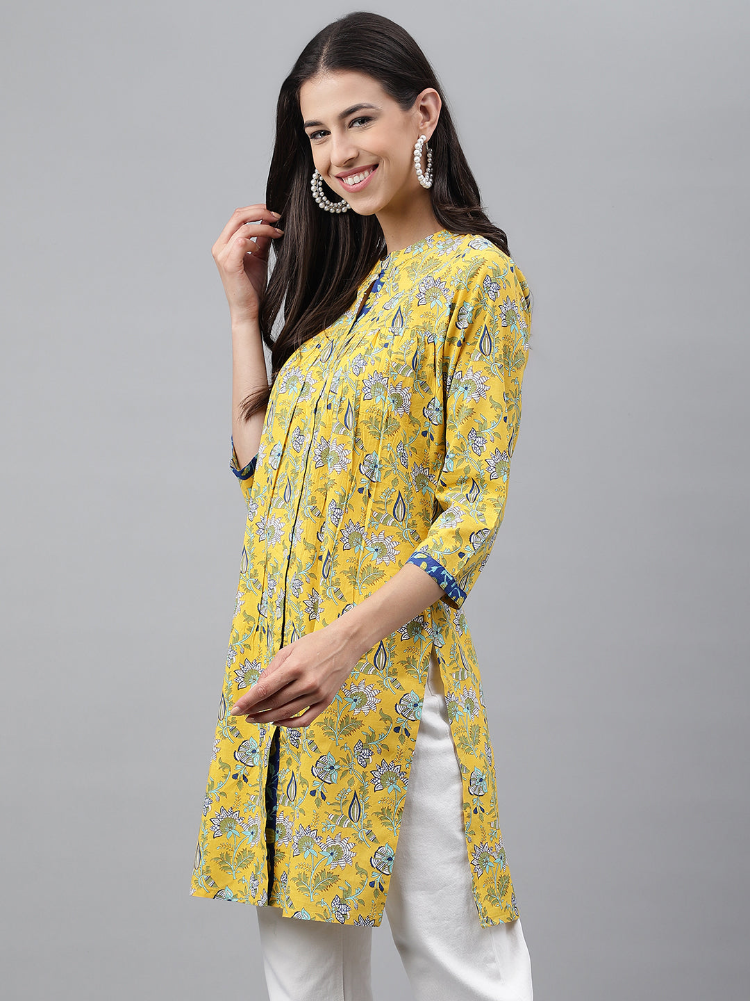 Janasya Women's Yellow Cotton Floral Print Casual Empire Tunic