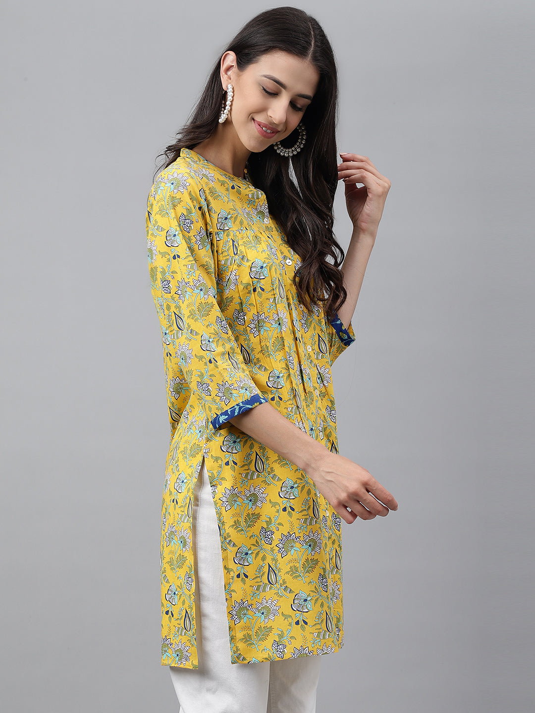 Janasya Women's Yellow Cotton Floral Print Casual Empire Tunic